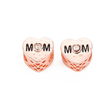 Rack Plating Alloy European Beads, with Crystal Rhinestone & Black Enamel, Large Hole Beads, Cadmium Free & Nickel Free & Lead Free, Heart with Word Mom, Mother's Day, Rose Gold, 11x12x10.5mm, Hole: 5.5mm