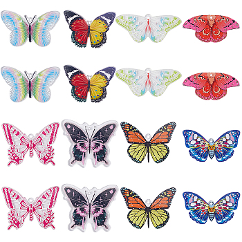 16Pcs 8 Style Printed Acrylic Pendants, Butterfly Charm, Mixed Color, 22~39x37.5~56x2~2.5mm, Hole: 1.4~2mm, 2pcs/style