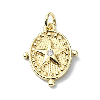 Star Theme Brass Micro Pave Clear Cubic Zirconia Pendants, with Jump Ring, Real 18K Gold Plated, Oval, 19x15x2.5mm, Hole: 3mm