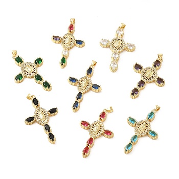 Rack Plating Brass Pendants, with Glass Cubic Zirconia, Religion Cross with Virgin Mary Charm, Cadmium Free & Lead Free, Long-Lasting Plated, Real 18K Gold Plated, Mixed Color, 46.5x31.5x5.5mm, Hole: 5x3mm