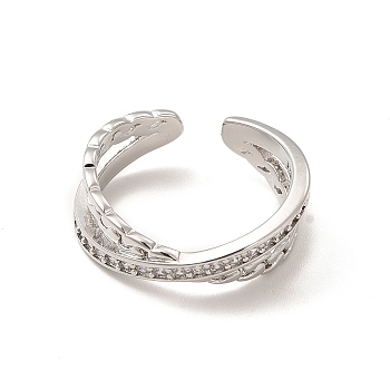 Cubic Zirconia Criss Cross Open Cuff Ring, Brass Jewelry for Women, Lead Free & Cadmium Free, Platinum, US Size 7 1/4(17.5mm)