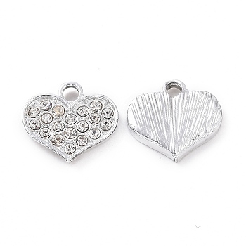 Alloy Crystal Rhinestone Charms, Heart, Platinum, 13.5x14x2mm, Hole: 2mm