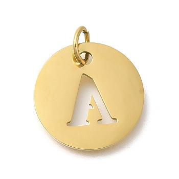 Ion Plating(IP) 304 Stainless Steel Pendants, with Jump Ring, Laser Cut, Flat Round with Letter Charm, Real 18K Gold Plated, Letter A, 20x1mm, Hole: 4.5mm