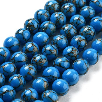 Synthetic Gold Line Turquoise Beads Strands, Dyed, Round, Dodger Blue, 12mm, about 33pcs/strand