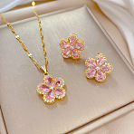 Brass Micro Pave Cubic Zirconia Pendant Necklace & Stud Earrings, Stainless Steel Chain Necklace, Golden, Flower, 400mm(WG7AC39-27)