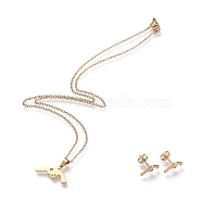 304 Stainless Steel Jewelry Sets, Cable Chains Pendant Necklaces and Stud Earrings, with Lobster Claw Clasps and Ear Nuts, Gun, Golden, 17.55 inch(44.6cm), 7x12mm, Pin: 0.8mm(X-SJEW-I202-06G)