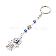 Alloy Keychain, with Iron & 304 Stainless Steel Key Clasp Findings, and Enamel & Tibetan Style Alloy Beaads, Hamsa Hand with Evil Eye, Antique Silver, 15.5cm, Pendant: 41.5x29x5.5mm.(KEYC-JKC00264-04)