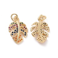 Brass Micro Pave Colorful Cubic Zirconia Pendants, with Jump Ring, Monstera Leaf Charms, Real 18K Gold Plated, 20x12.5x3mm, Hole: 3.2mm(KK-E068-VF150)