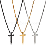 3Pcs 3 Colors Titanium Steel Cross Pendant Necklace with Box Chains, Mixed Color, 23.31 inch(59.2cm), 1Pc/color(NJEW-AN0001-76)
