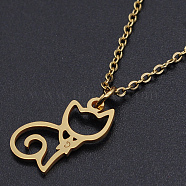 201 Stainless Steel Kitten Pendants Necklaces, with Cable Chains and Lobster Claw Clasps, Hollow Cat, Golden, 15-3/4 inch(40cm), 1.5mm(NJEW-S105-JN590-40-2)