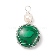 Synthetic Malachite  Pendants, with Silver Tone Copper Wire and Cultured Freshwater Pearl, Flat Round Charm, 34~37x21~22x7~8mm, Hole: 4~4.5mm(PALLOY-JF01790-04)