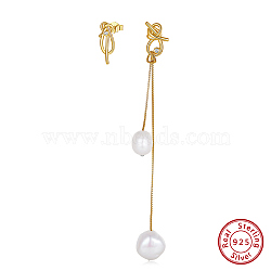 925 Sterling Silver Bowknot Stud Earrings with Cubic Zirconia, Natural Baroque Pearl  Asymmetrical Earrings, Real 14K Gold Plated, 64x13.5mm, 18x7mm(EJEW-Z041-04G)
