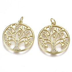 Brass Micro Pave Clear Cubic Zirconia Pendants, with Jump Ring, Cadmium Free & Nickel Free & Lead Free, Flat Round with Tree, Real 16K Gold Plated, 25.5x23x2mm, Jump Ring: 5x0.6mm, Inner Diameter: 3mm(KK-S061-69G-NR)