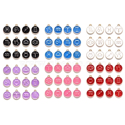 Alloy Enamel Pendants, Flat Round with Constellation, Light Gold, Lead Free & Cadmium Free, Mixed Color, 22x18x2mm, Hole: 1.5mm, 12 Constellations, 12pcs/set, 6 colors, 1set/color, 6sets/box(ENAM-SZ0001-10LG-RS)