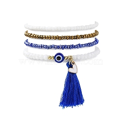 4Pcs 4 Style Glass Seed & Resin Evil Eye Beaded Stretch Bracelets Set, Alloy Enamel Heart & Tassel Charms Stackable Bracelets, Medium Blue, Inner Diameter: 2~2-1/8 inch(5.1~5.25cm), 1Pc/style(BJEW-JB09896-01)