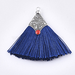 Polyester Tassel Pendant Decorations, with Alloy Findings and Enamel, Fan Shape, Antique Silver, Dark Blue, 45~50x40~44x7~10mm, Hole: 2.5mm(FIND-T036-01E)