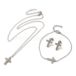 304 Stainless Steel Cross Pendant Necklaces & Bracelets & Stud Earrings Sets for Women, Stainless Steel Color, 7.28 inch(185mm)(SJEW-C004-12P)