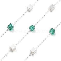 Handmade Brass & Glass Bead Chains, for Necklaces Bracelets Making, Long-Lasting Plated, Soldered, with Spool, Green, 2x0.8x0.3mm, about 16.40 Feet(5m)/Roll(CHC-L051-07S-04)