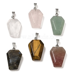 Natural Mixed Stone Pendants, Faceted Hexagon Charms with Rack Plating Stainless Steel Color Plated 201 Stainless Steel Snap on Bails, Cadmium Free & Lead Free, 28.5~31x18~20x7~8mm, Hole: 3x8mm(G-G004-06A-M01)