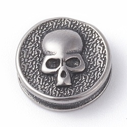 316 Surgical Stainless Steel Beads, Flat Round with Skull, Antique Silver, 12.5x4.5mm, Hole: 2mm(STAS-G186-04AS)