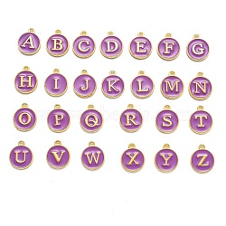 Initial Letter A~Z Alphabet Enamel Charms, Flat Round Disc Double Sided Charms, Purple, 14x12x2mm, Hole: 1.5mm, 26pcs/set(ENAM-X0018-12)