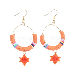 Handmade Polymer Clay Heishi Bead Dangle Earrings, for Jewish, with Seed Beads and 304 Stainless Steel Earring Hooks, Ring and Star of David, Orange Red, 78~80x35~38mm, Pin: 0.7mm(X-EJEW-JE04079-04)