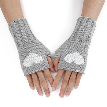 Acrylic Fiber Yarn Knitting Fingerless Gloves, Two Tone Heart Pattern Winter Warm Gloves with Thumb Hole, Dark Gray, 200x85mm