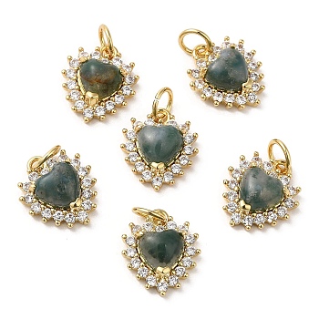 Natural Indian Agate Heart Charms, with Rack Plating Brass Micro Pave Clear Cubic Zirconia Findings and Jump Ring, Cadmium Free & Lead Free, Real 18K Gold Plated, 12.5x11x5mm, Hole: 3.5mm