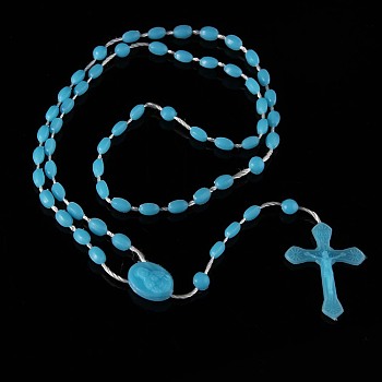 Luminous Plastic Rosary Bead Necklace, Glow in the Dark Cross Pendant Necklace for Women, Deep Sky Blue, 21.65 inch(55cm)