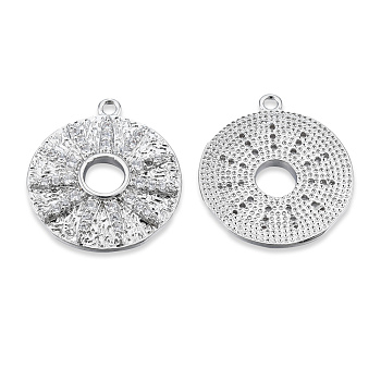 Brass Pave Clear Cubic Zirconia Pendants, Cadmium Free & Nickel Free & Lead Free, Textured, Flat Round with Sun, Real Platinum Plated, 22.5x20x2.5mm, Hole: 1.5mm