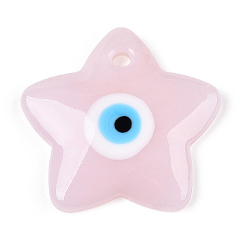 Handmade Lampwork Pendants, Star with Evil Eye, Pink, 38x38x5.5mm, Hole: 3.5mm