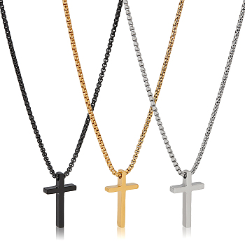 3Pcs 3 Colors Titanium Steel Cross Pendant Necklace with Box Chains, Mixed Color, 23.31 inch(59.2cm), 1Pc/color
