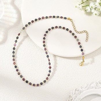 Natural Red Corundum/Ruby and Sapphire Faceted Flat Round Beaded Necklaces, Golden, 15.35 inch(39cm)