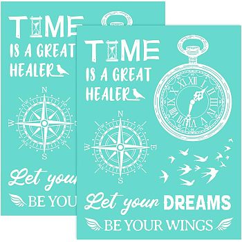 Self-Adhesive Silk Screen Printing Stencil, for Painting on Wood, DIY Decoration T-Shirt Fabric, Turquoise, Clock Pattern, 28x22cm