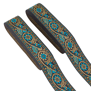 Ethnic style Embroidery Polyester Ribbons, Jacquard Ribbon, Garment Accessories, Single Face Floral Pattern, Dark Turquoise, 1-3/8 inch(34mm), 7m/roll