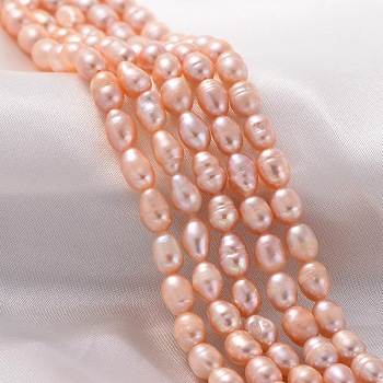 Grade A Natural Cultured Freshwater Pearl Beads Strands, Rice, Natural Color, Pearl Pink, 4~5mm, Hole: 0.8mm