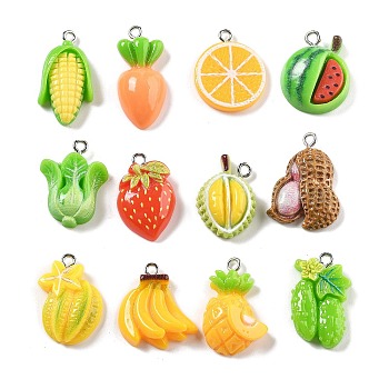 Opaque Resin Pendants, Imitation Vegetable & Fruit, with Platinum Tone Iron Loop, Mixed Shapes, 20~28.5x14~20x3~7.5mm, Hole: 2mm