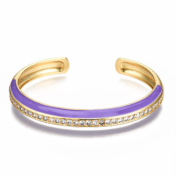 Brass Micro Pave Clear Cubic Zirconia Cuff Bangles, with Enamel, Nickel Free, Real 16K Gold Plated, Dark Orchid, Inner Diameter: 2-3/8 x1-7/8 inch(5.9x4.7cm)