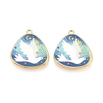 Printed Style 304 Stainless Steel Triangle with Dove Pendants, Ion Plating(IP), Real 18K Gold Plated, Light Blue, 29.5x26.5x2.5mm, Hole: 2.3x2mm