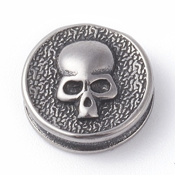 316 Surgical Stainless Steel Beads, Flat Round with Skull, Antique Silver, 12.5x4.5mm, Hole: 2mm