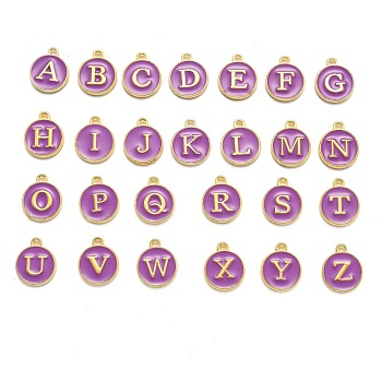 Initial Letter A~Z Alphabet Enamel Charms, Flat Round Disc Double Sided Charms, Purple, 14x12x2mm, Hole: 1.5mm, 26pcs/set