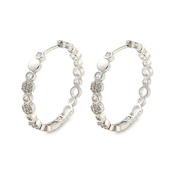 Brass with Cubic Zirconia Hoop Earrings, Flat Round, Platinum, 33.5x5mm