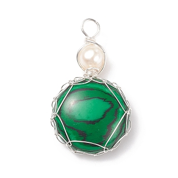 Synthetic Malachite  Pendants, with Silver Tone Copper Wire and Cultured Freshwater Pearl, Flat Round Charm, 34~37x21~22x7~8mm, Hole: 4~4.5mm