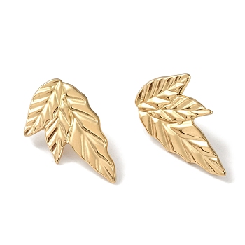 304 Stainless Steel Stud Earrings for Women, Leaf, Real 18K Gold Plated, 36x20.5mm