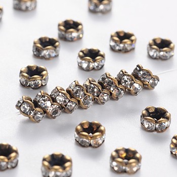 Brass Rhinestone Spacer Beads, Grade AAA, Wavy Edge, Nickel Free, Antique Bronze Metal Color, Rondelle, Crystal, 4x2mm, Hole: 1mm