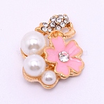 Alloy Cabochons Accessories with Enamel, with ABS Imitation Pearl Beads and Crystal Glass Rhinestone, for Jewelry Making, Flower, Light Gold, Pink, 22.5x17.5x8.5mm(FIND-TAC0001-19A)