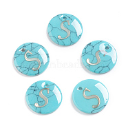 Synthetic Turquoise Charms, with Plastic Letter, Flat Round, Letter.S, 15x2mm, Hole: 1.5mm(G-L561-001S)