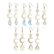 Moon & Star & Sun Brass Asymmetrical Earrings, Glass Long Dangle Earrings, Mixed Shapes, 70~81x16.5mm(EJEW-JE05458)