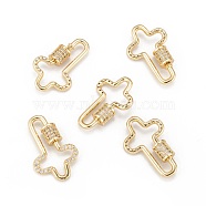 Brass Micro Pave Cubic Zirconia Screw Carabiner Lock Charms, for Necklaces Making, Cross, Clear, Golden, 25x16x2mm(KK-I657-16G)
