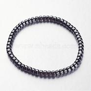 Non-magnetic Synthetic Hematite Beaded Stretch Bracelets, Flat Round, Black, 2 inch(50mm) , Bead: 4mm (BJEW-F228-01)